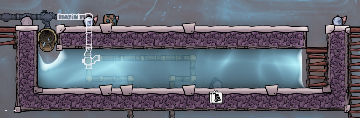 a tight screenshot of a 2 tall x 12 wide small box filled with water, except the last column of 2 blocks is somehow resisting being filled with water, presenting a vertical wall of liquid held back by nothing.