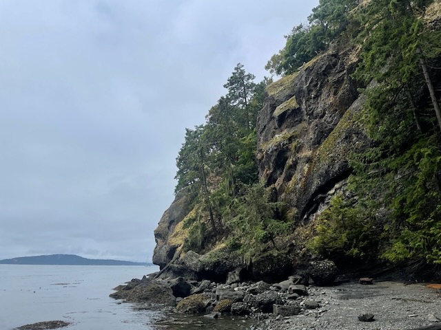 a large rocky cliff at the edge of a small harbor. The cliff is covered in moss with a few scraggly trees holding on, and at the base is a pile of boulders that have obviously fallen from above.