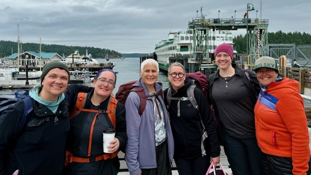 the top of the head and dorsal fin of a black whale can be seen just cresting the water. Nearby the water looks disturbed as another whale had just submerged. Beyond it, multiple ships watch on as it swims through. Tall jagged islands covered in trees loom in the background.