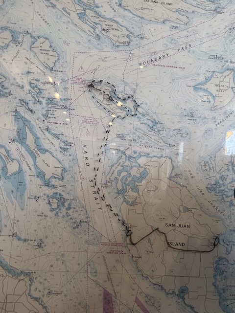 a map under an acrylic sheet has been annotated with a whiteboard marker. There is a solid line from Friday Harbor, west across the island to Smallpox Bay, then a dotted line north along the Haro straight, to the inlet on Stewart Island. another dotted line makes a loop around the island, and a final one returns to Smallpox Bay.